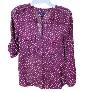 GAP Maroon and White Heart Sheer Blouse With Roll Tab Sleeves, Size XS